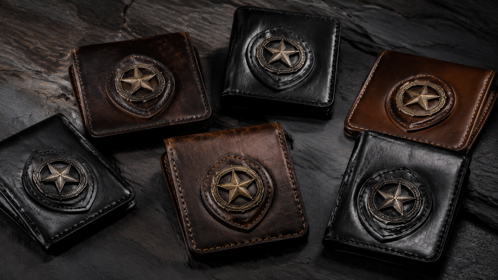 Collection of federal law enforcement badge wallets in black and brown full-grain leather