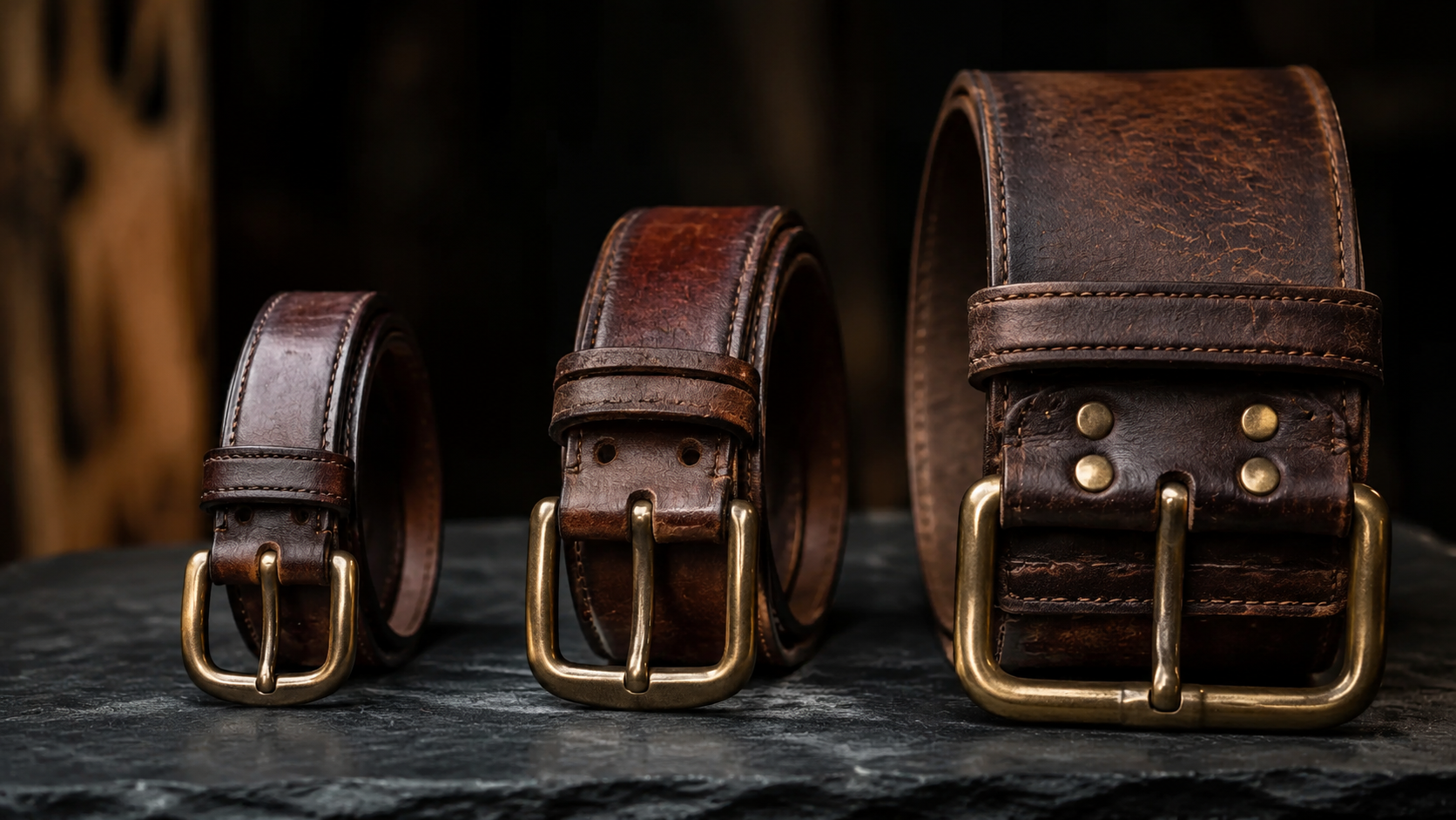 Three leather belts in narrow dress, medium everyday, and wide western widths on dark slate